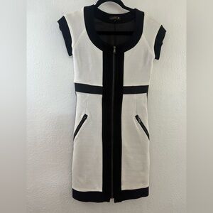 LaRok black and white bodycon dress with a full front zipper zip pockets size S